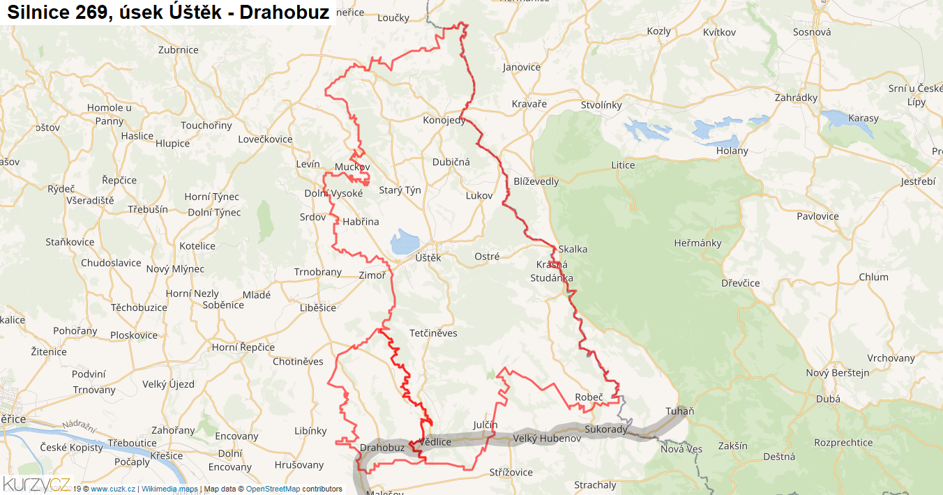 Úsek Úštěk - Drahobuz, Silnice 269 - Mapa