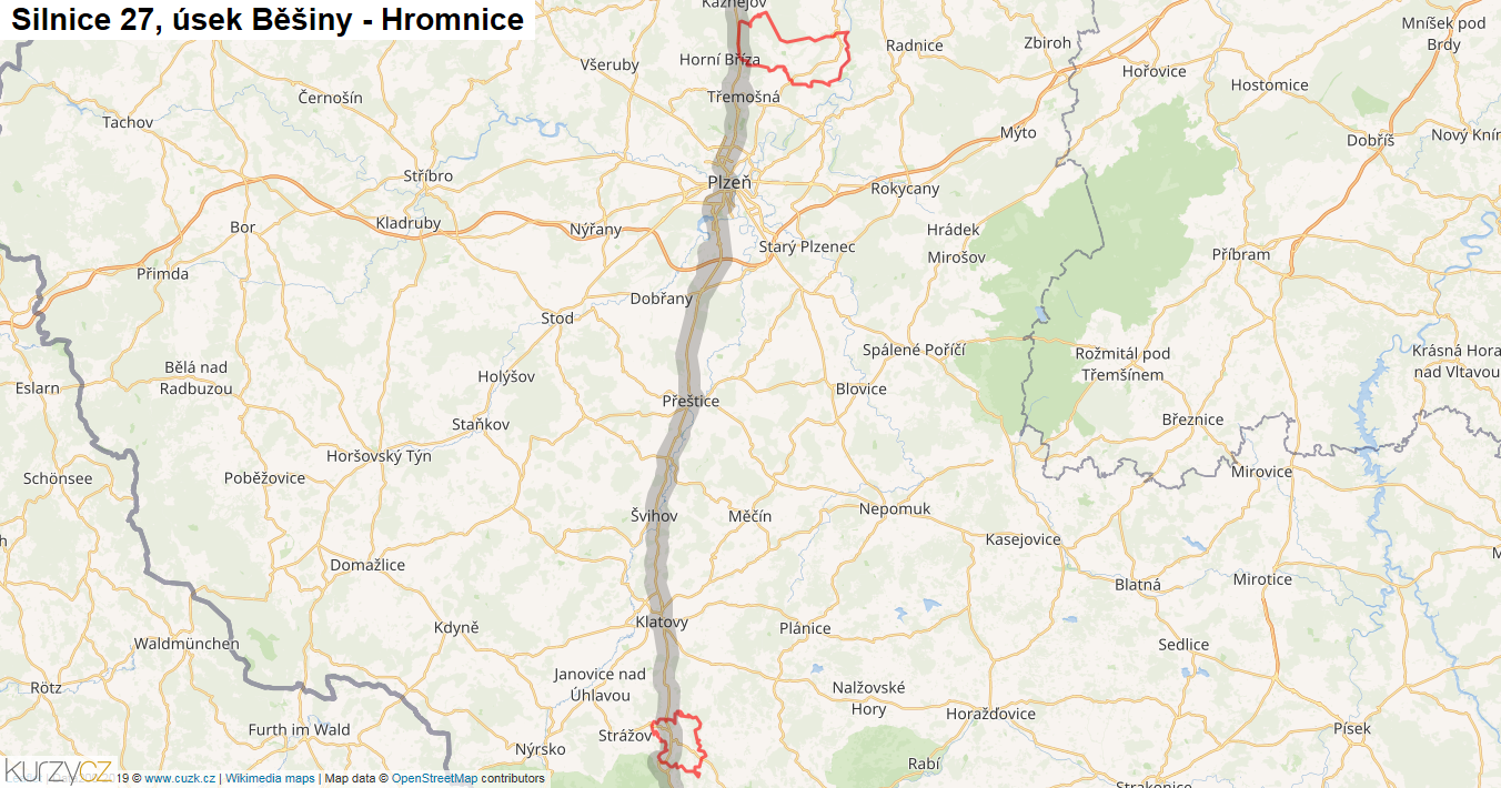 Úsek Běšiny - Hromnice, Silnice 27 - Mapa