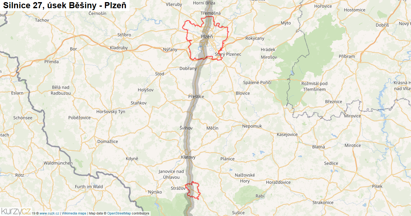 Úsek Běšiny - Plzeň, Silnice 27 - Mapa