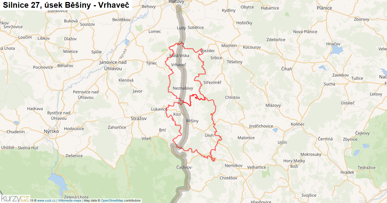 Úsek Běšiny - Vrhaveč, Silnice 27 - Mapa