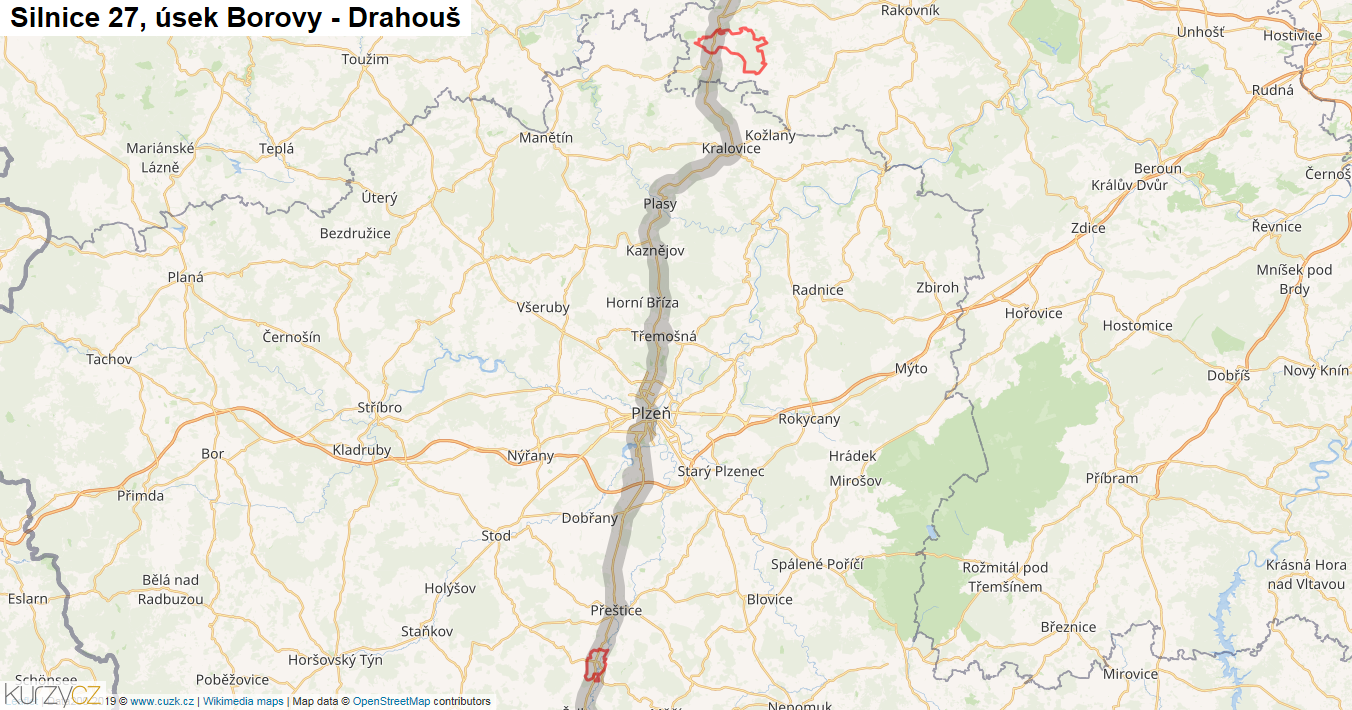 Úsek Borovy - Drahouš, Silnice 27 - Mapa