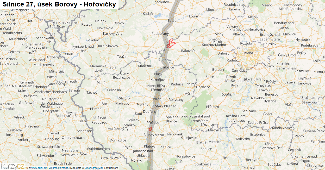 Úsek Borovy - Hořovičky, Silnice 27 - Mapa