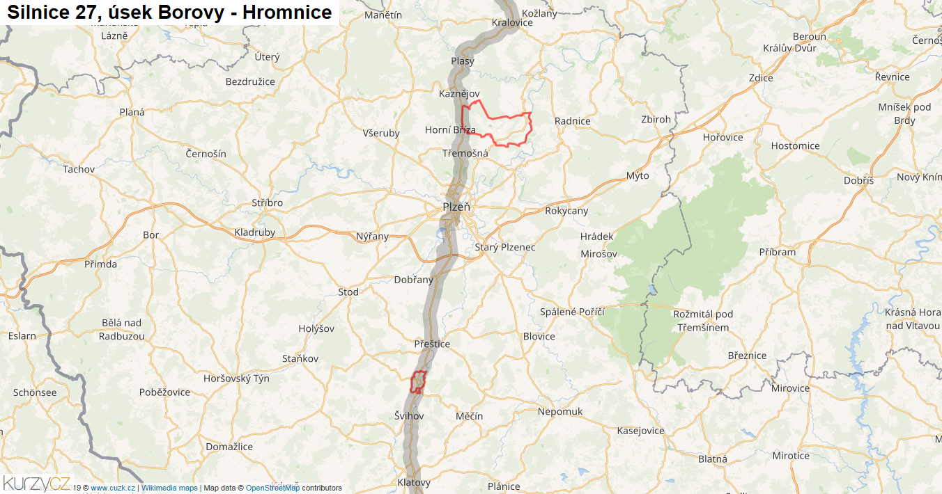 Úsek Borovy - Hromnice, Silnice 27 - Mapa
