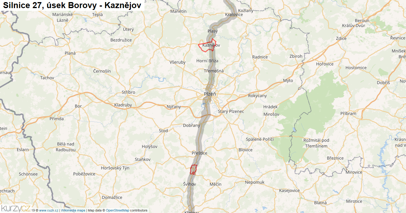 Úsek Borovy - Kaznějov, Silnice 27 - Mapa
