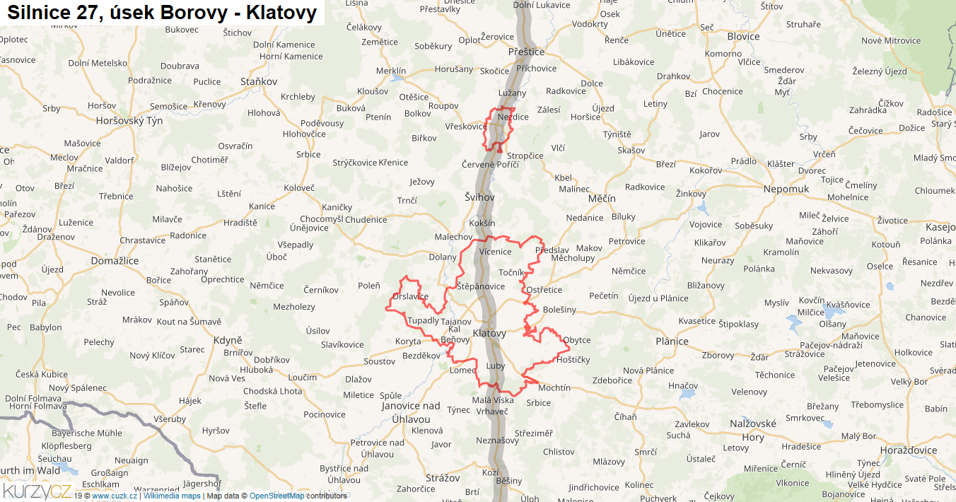 Úsek Borovy - Klatovy, Silnice 27 - Mapa