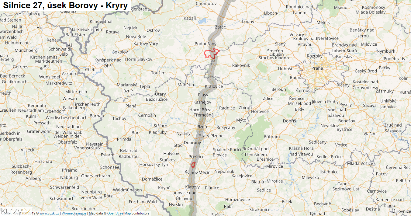 Úsek Borovy - Kryry, Silnice 27 - Mapa