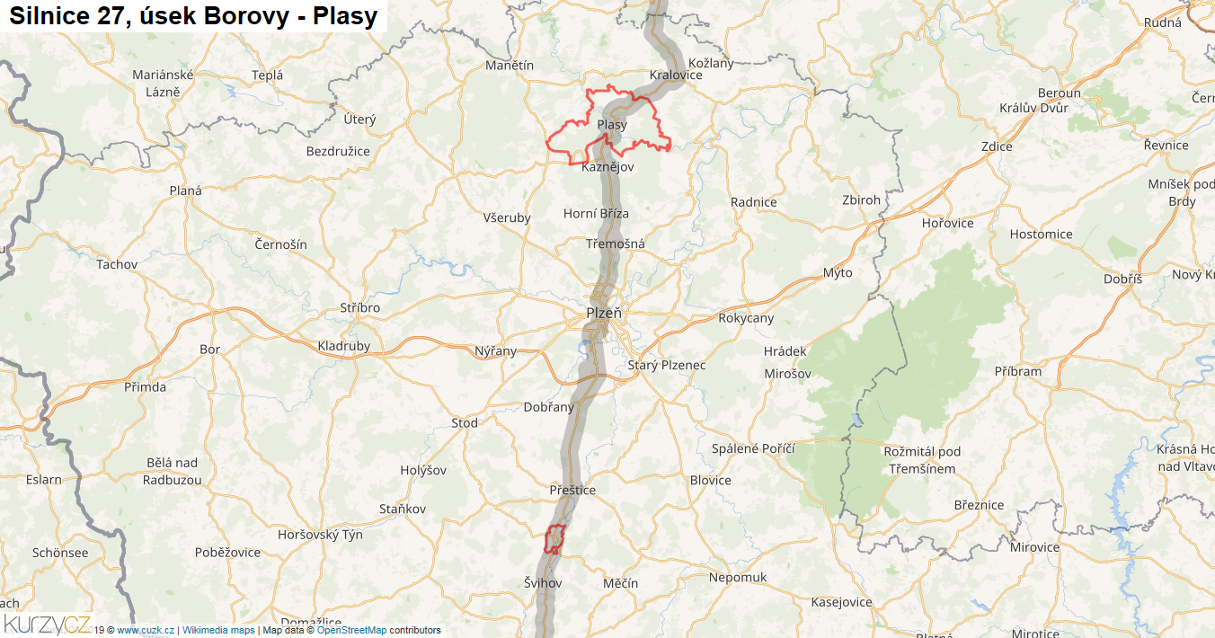 Úsek Borovy - Plasy, Silnice 27 - Mapa