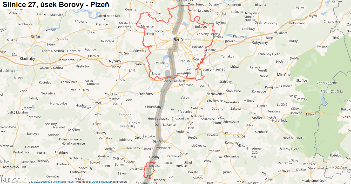 Úsek Borovy - Plzeň, Silnice 27 - Mapa