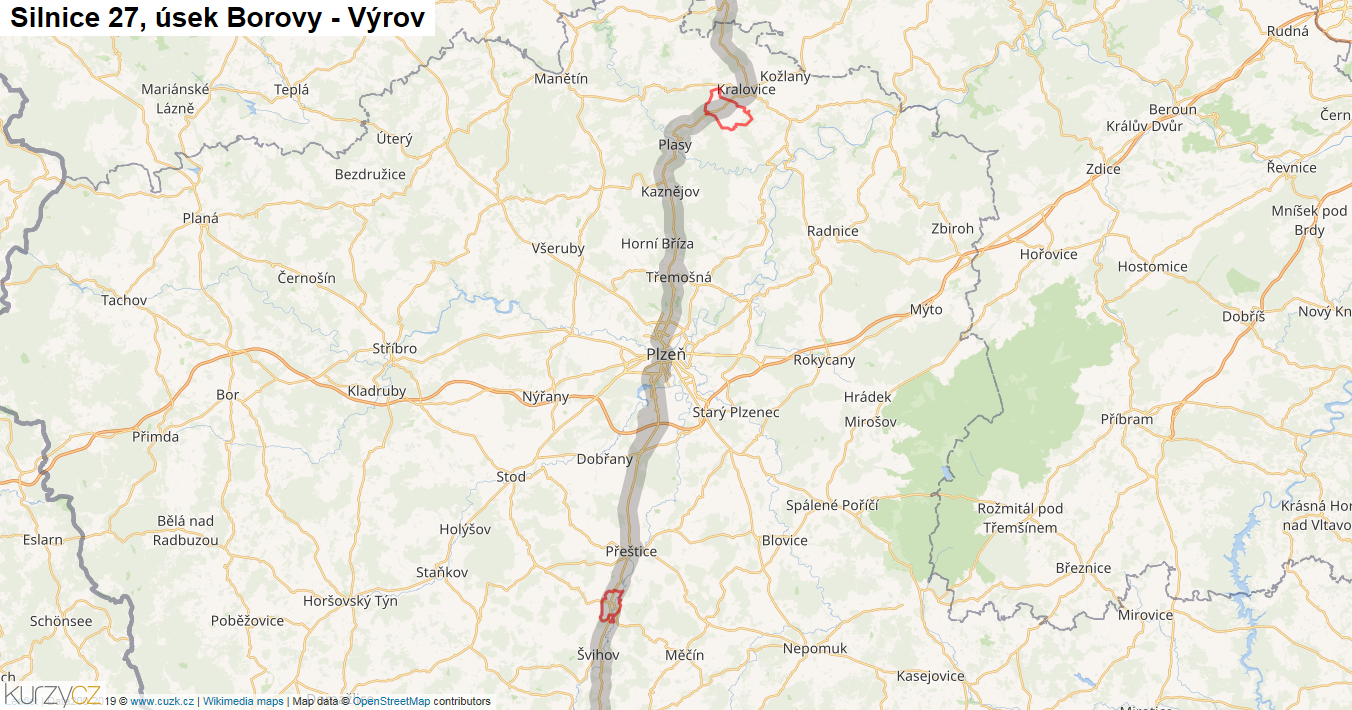 Úsek Borovy - Výrov, Silnice 27 - Mapa