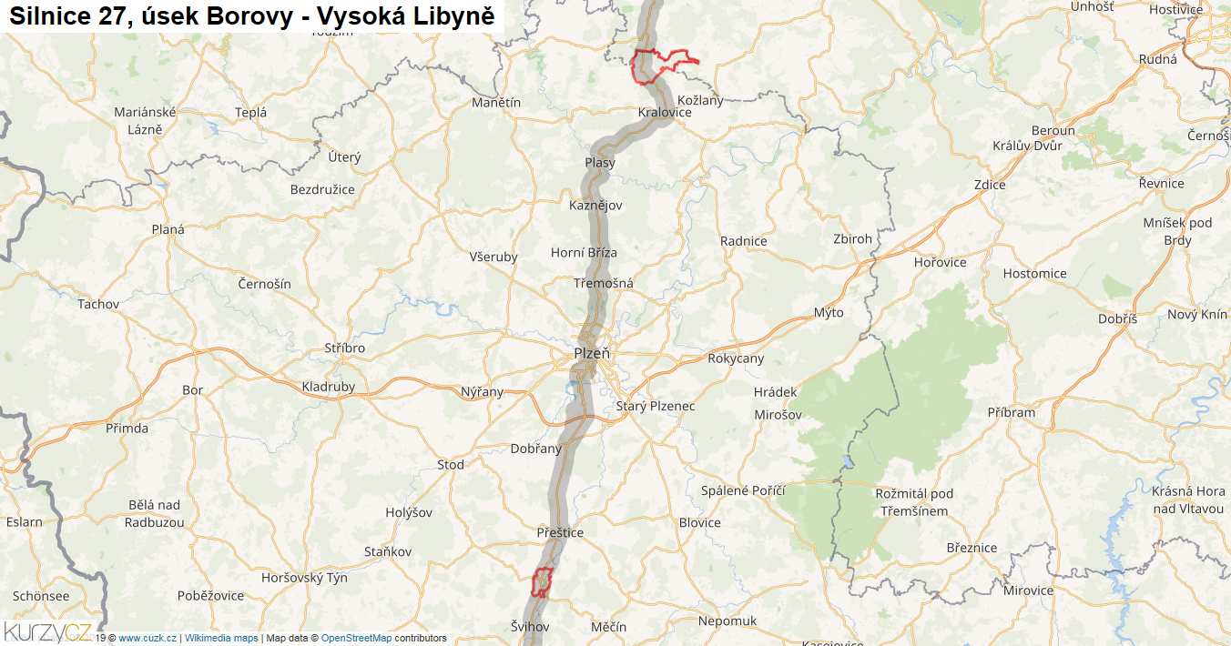 Úsek Borovy - Vysoká Libyně, Silnice 27 - Mapa