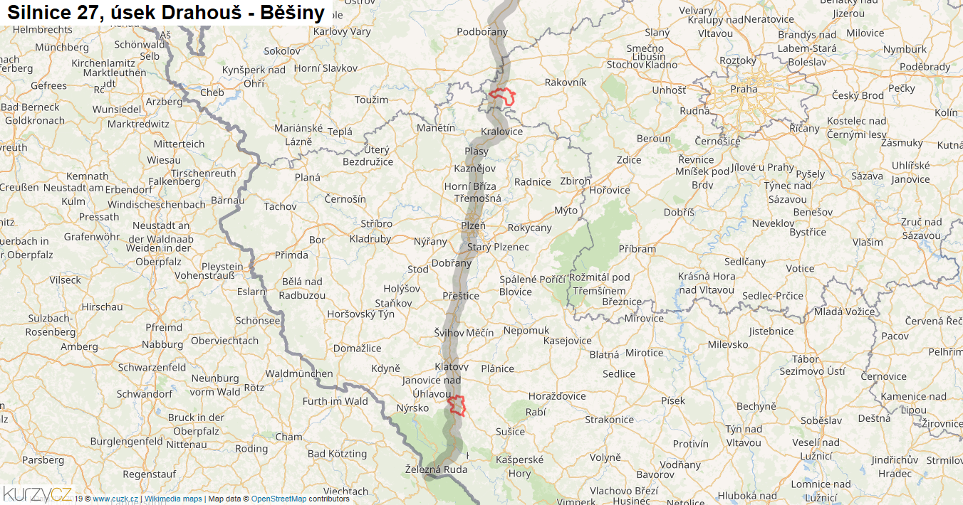 Úsek Drahouš - Běšiny, Silnice 27 - Mapa