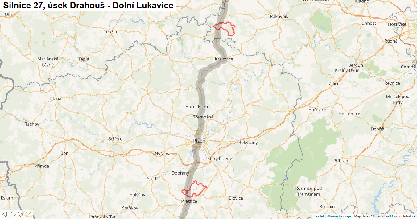 Úsek Drahouš - Dolní Lukavice, Silnice 27 - Mapa
