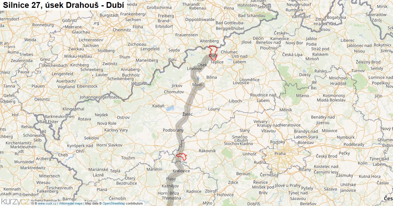 Úsek Drahouš - Dubí, Silnice 27 - Mapa