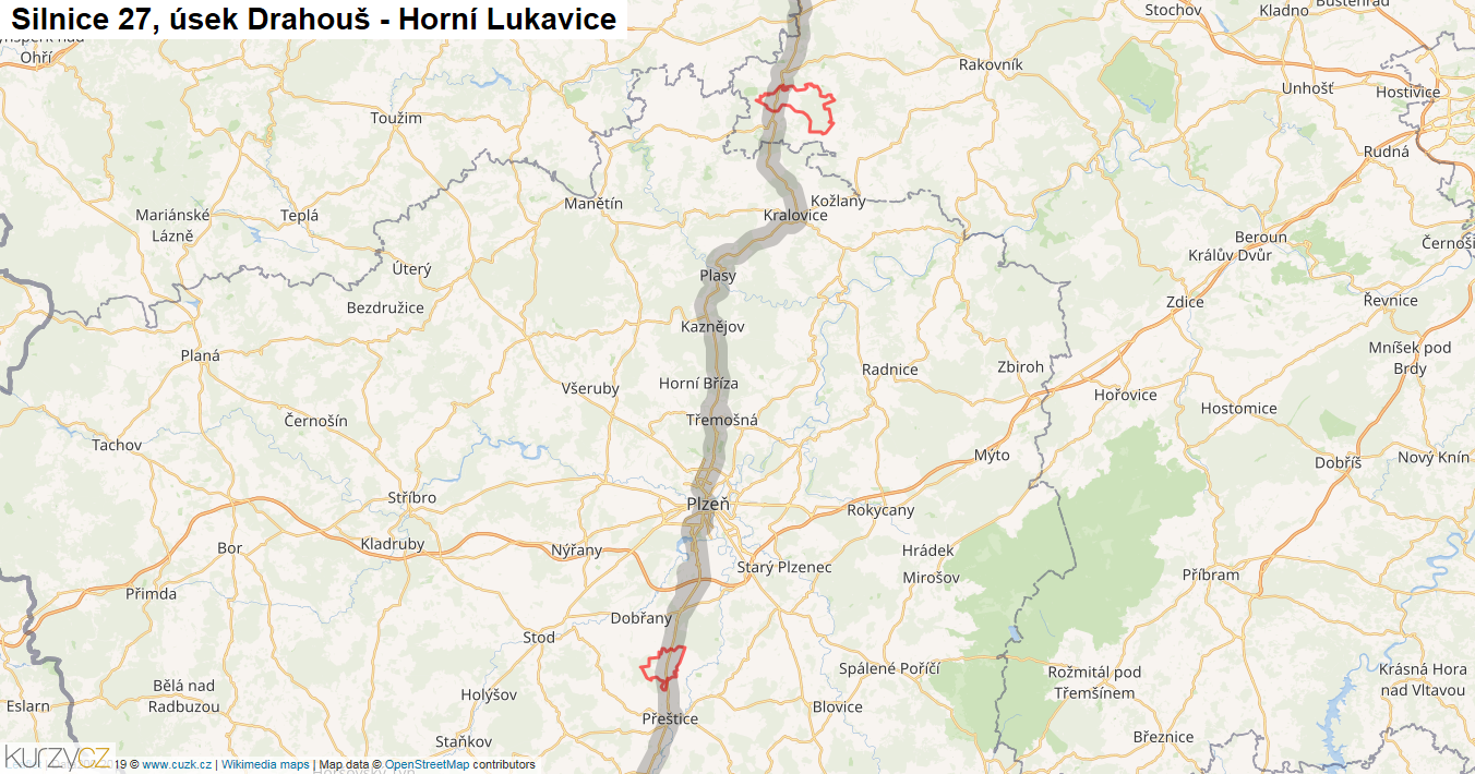 Úsek Drahouš - Horní Lukavice, Silnice 27 - Mapa