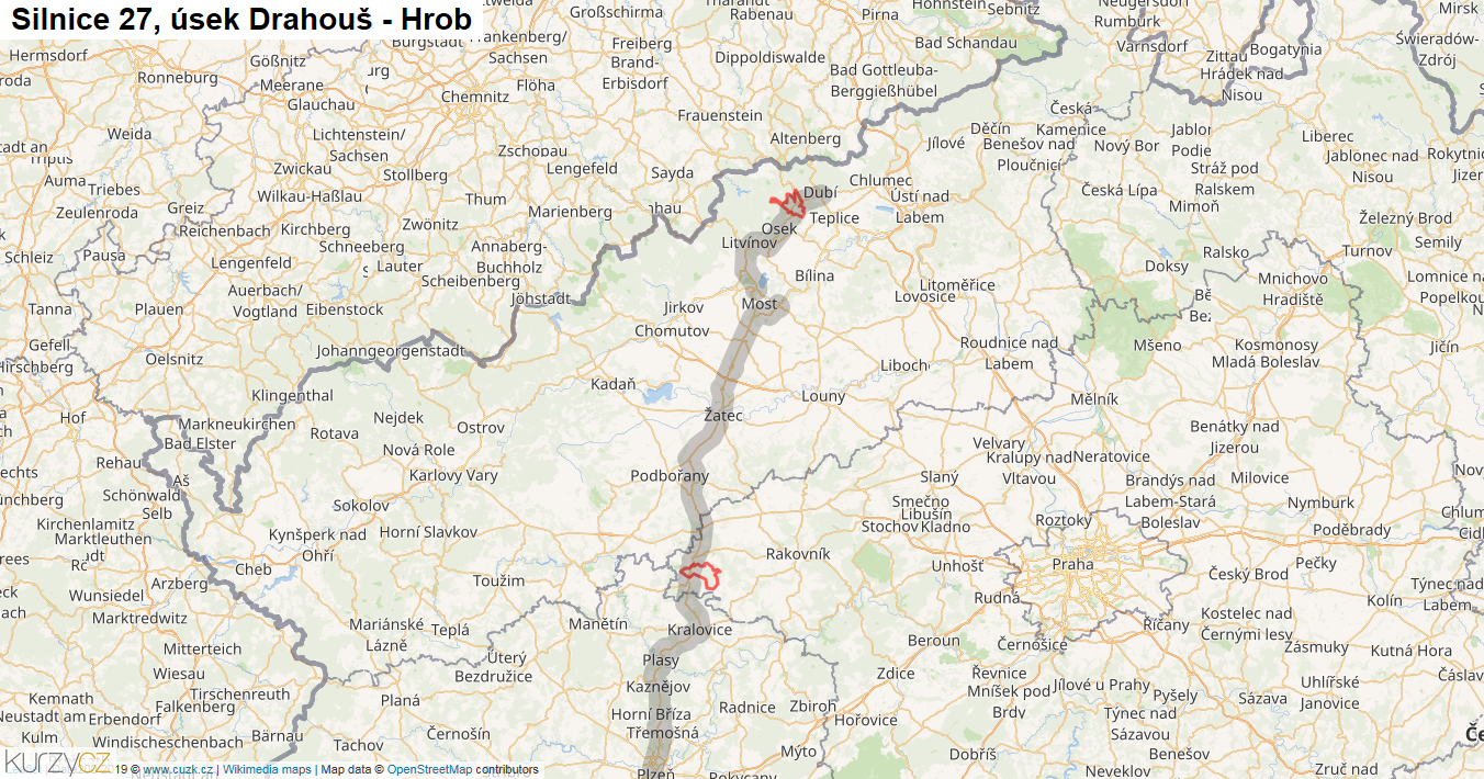 Úsek Drahouš - Hrob, Silnice 27 - Mapa