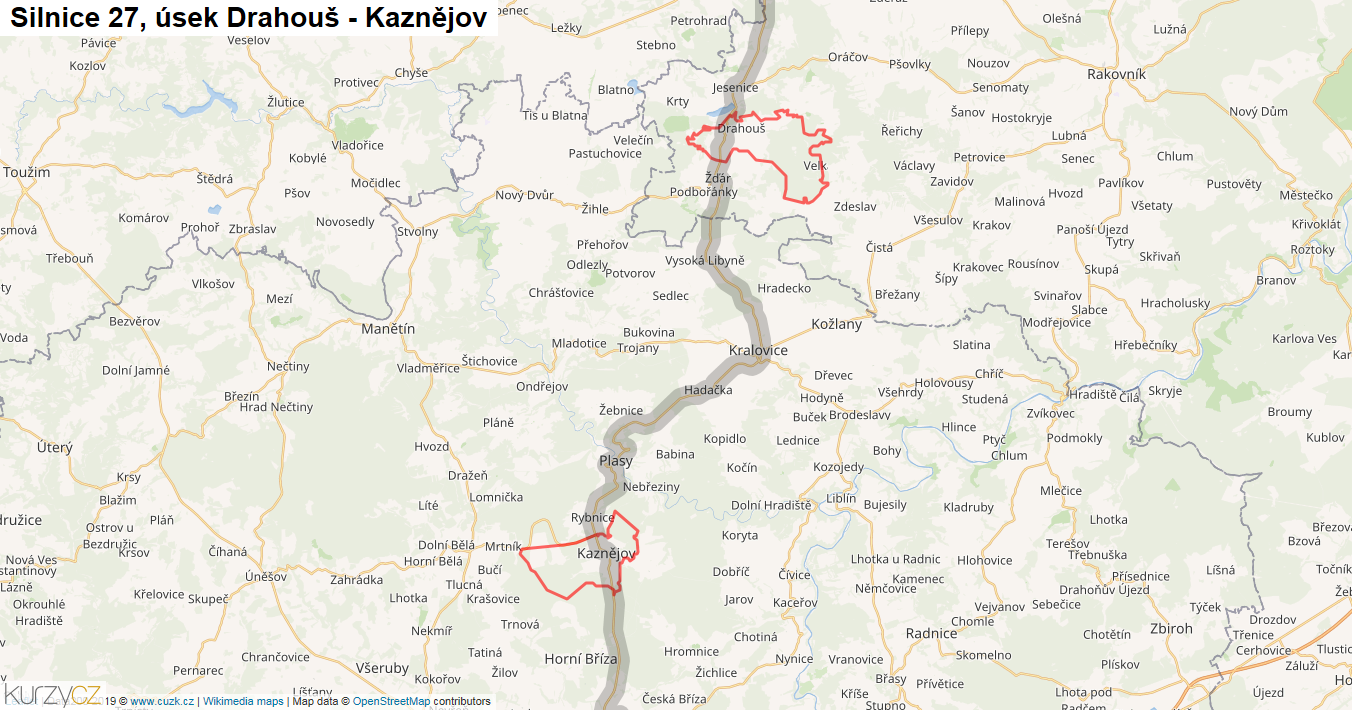 Úsek Drahouš - Kaznějov, Silnice 27 - Mapa