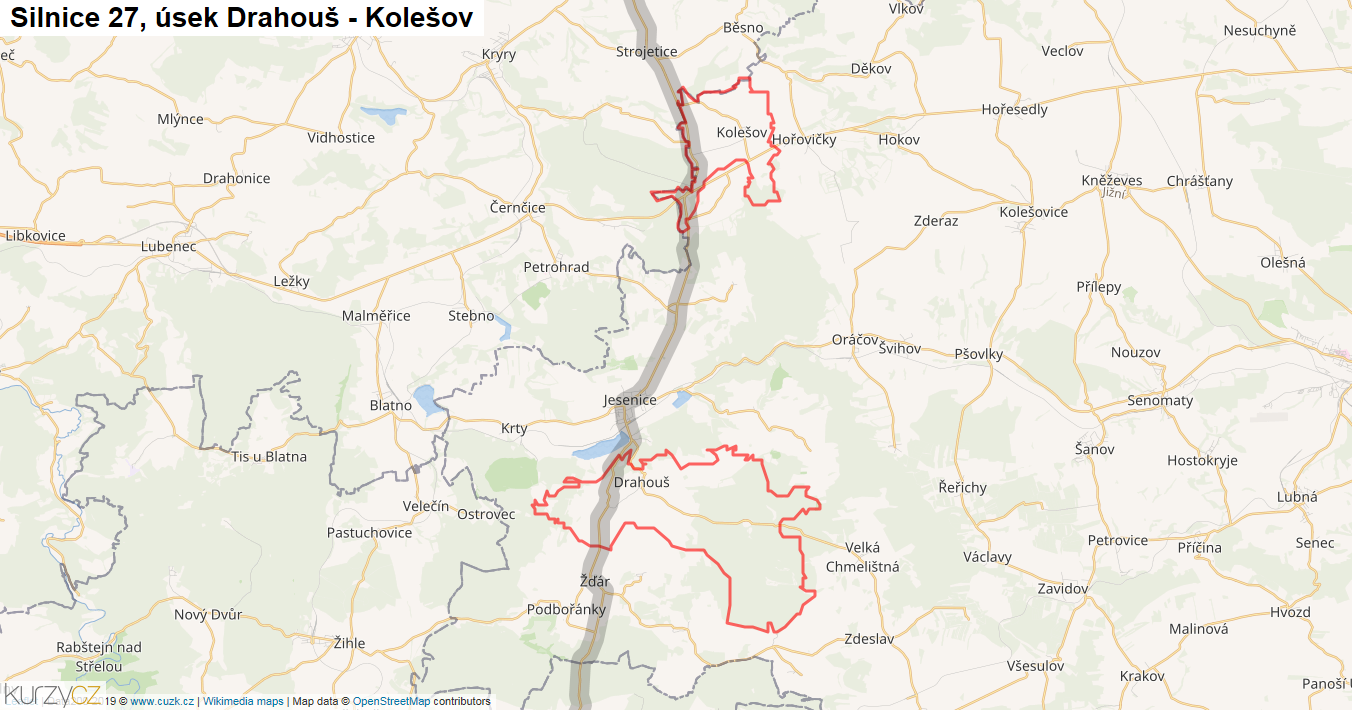 Úsek Drahouš - Kolešov, Silnice 27 - Mapa