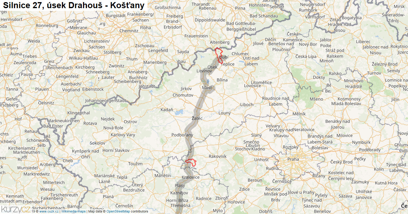 Úsek Drahouš - Košťany, Silnice 27 - Mapa