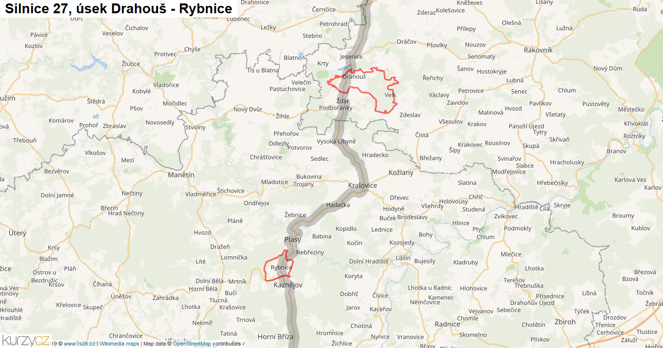 Úsek Drahouš - Rybnice, Silnice 27 - Mapa