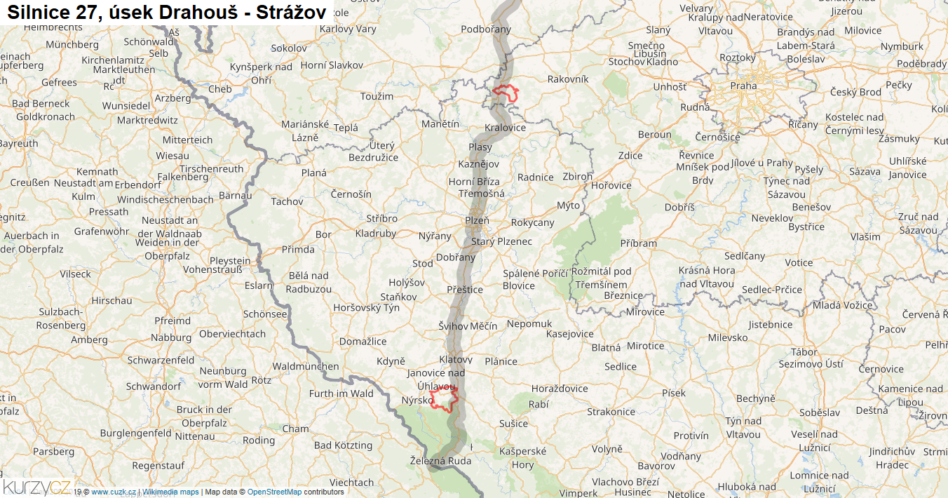Úsek Drahouš - Strážov, Silnice 27 - Mapa