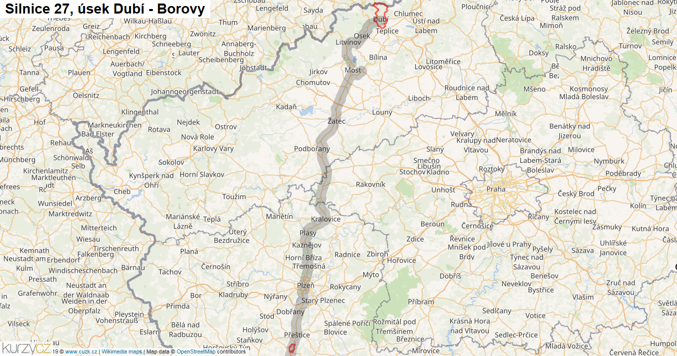 Úsek Dubí - Borovy, Silnice 27 - Mapa