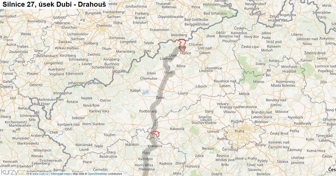 Úsek Dubí - Drahouš, Silnice 27 - Mapa