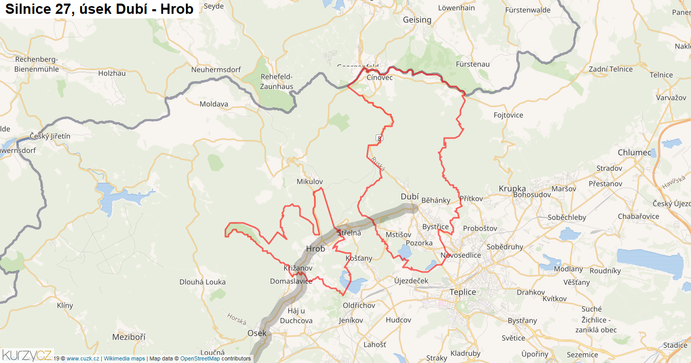 Úsek Dubí - Hrob, Silnice 27 - Mapa