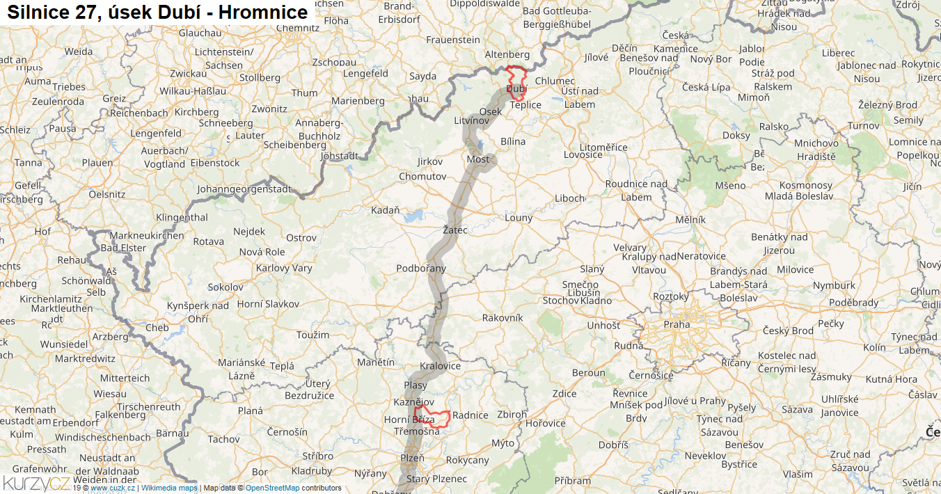 Úsek Dubí - Hromnice, Silnice 27 - Mapa