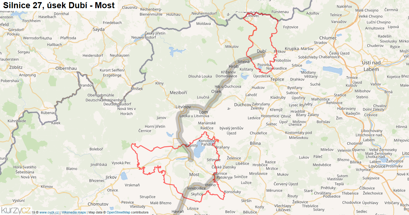 Úsek Dubí - Most, Silnice 27 - Mapa