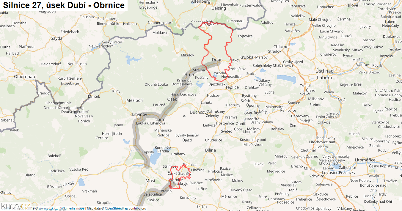 Úsek Dubí - Obrnice, Silnice 27 - Mapa
