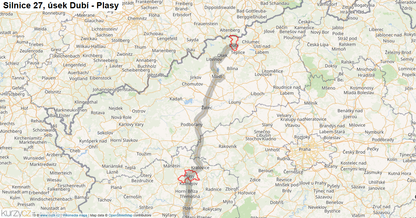 Úsek Dubí - Plasy, Silnice 27 - Mapa
