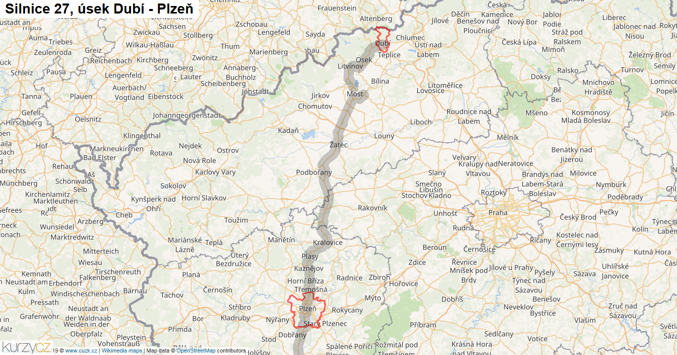Úsek Dubí - Plzeň, Silnice 27 - Mapa