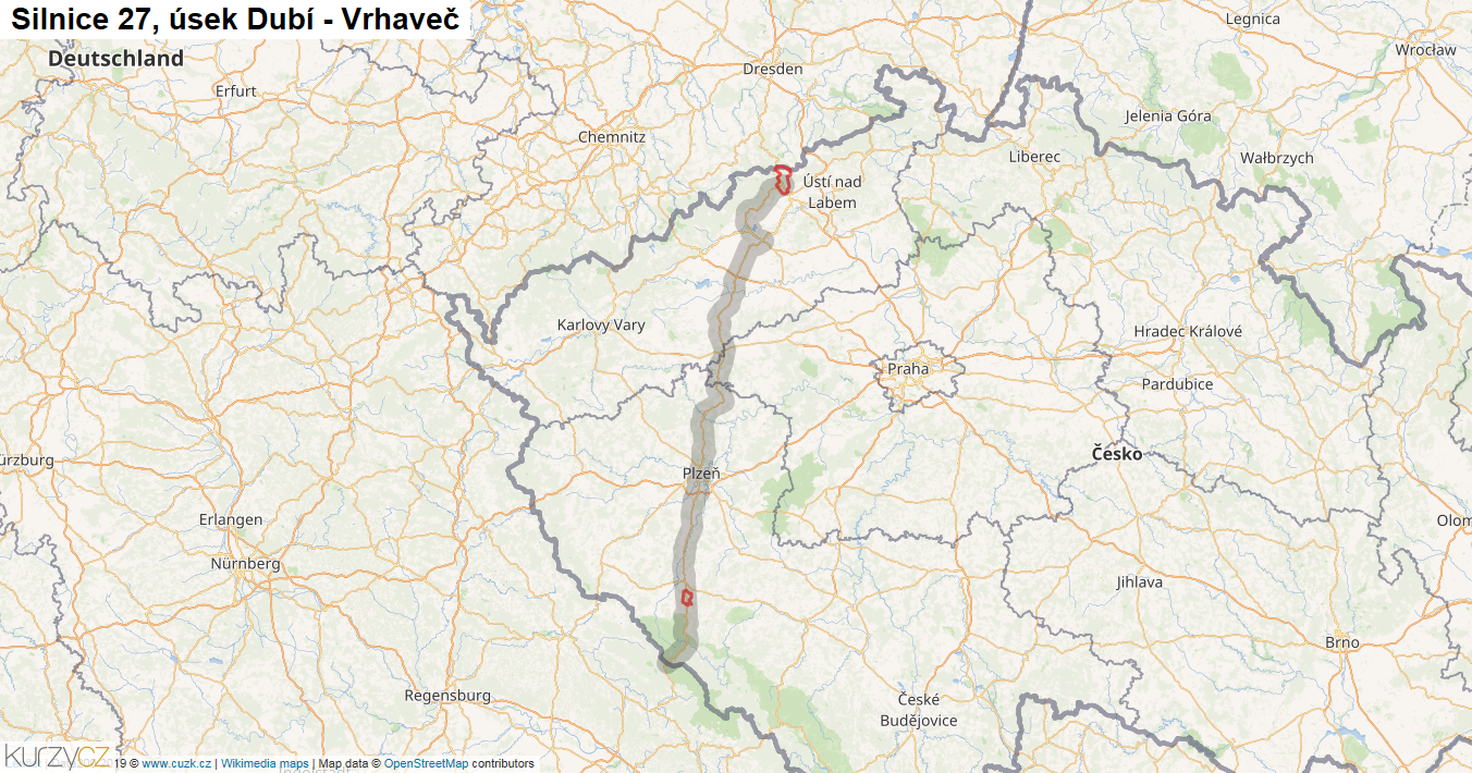 Úsek Dubí - Vrhaveč, Silnice 27 - Mapa