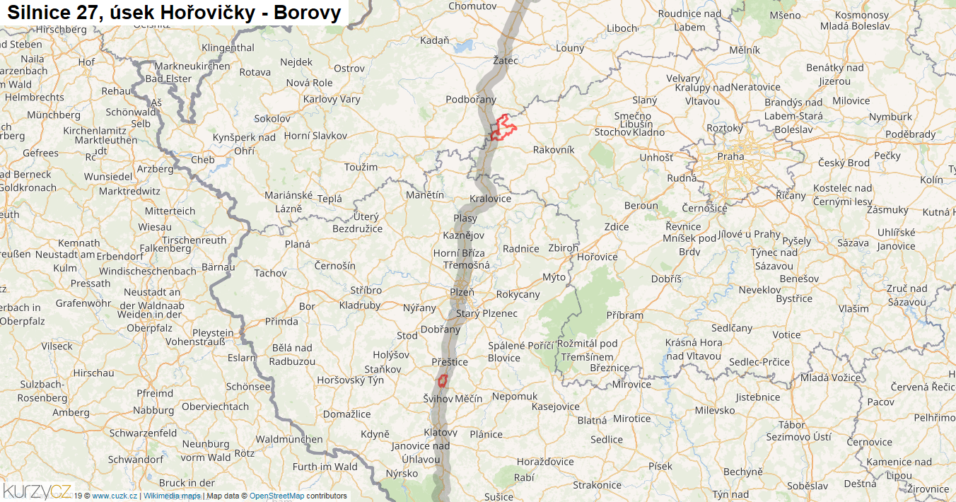Úsek Hořovičky - Borovy, Silnice 27 - Mapa