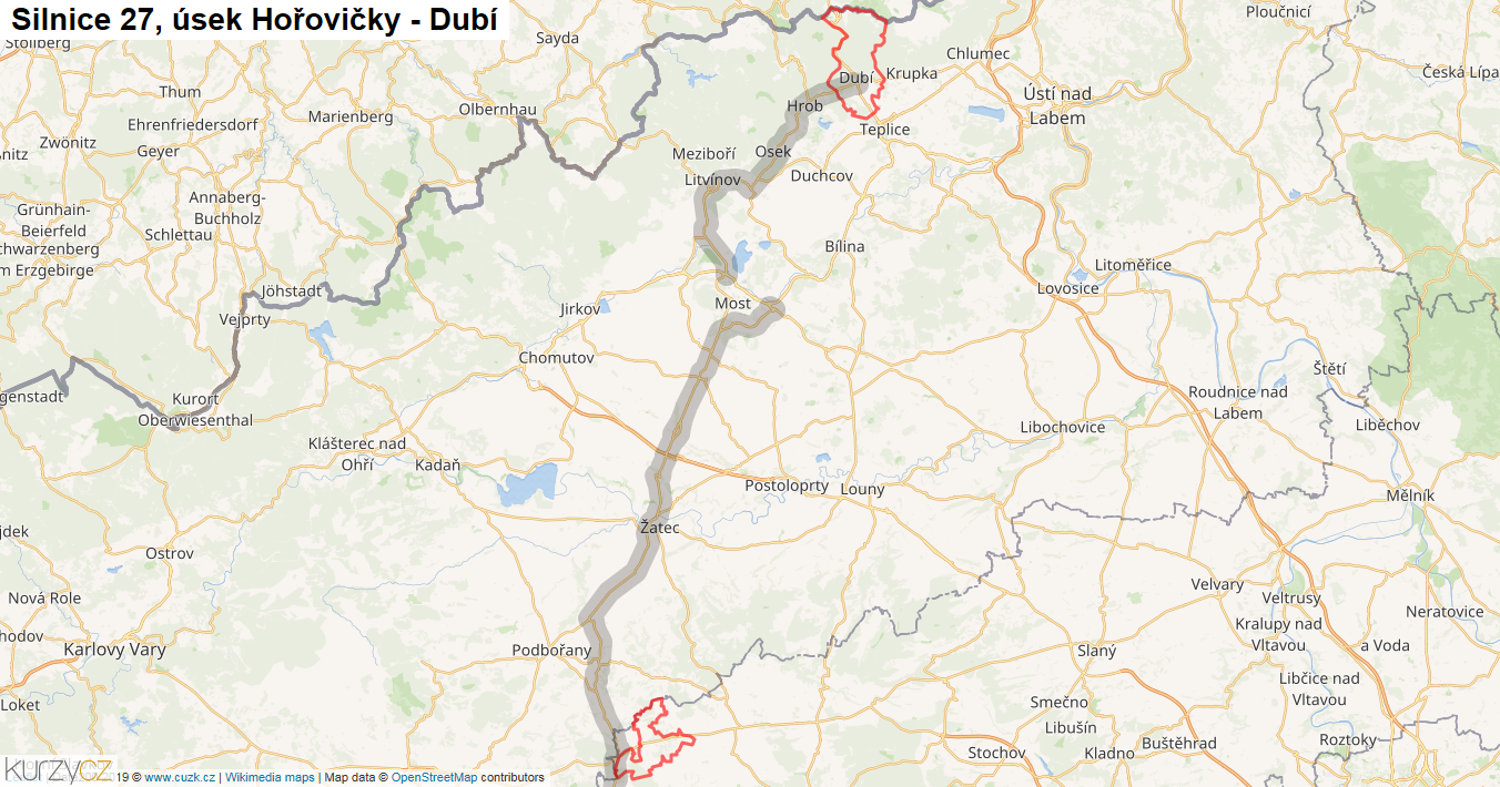 Úsek Hořovičky - Dubí, Silnice 27 - Mapa