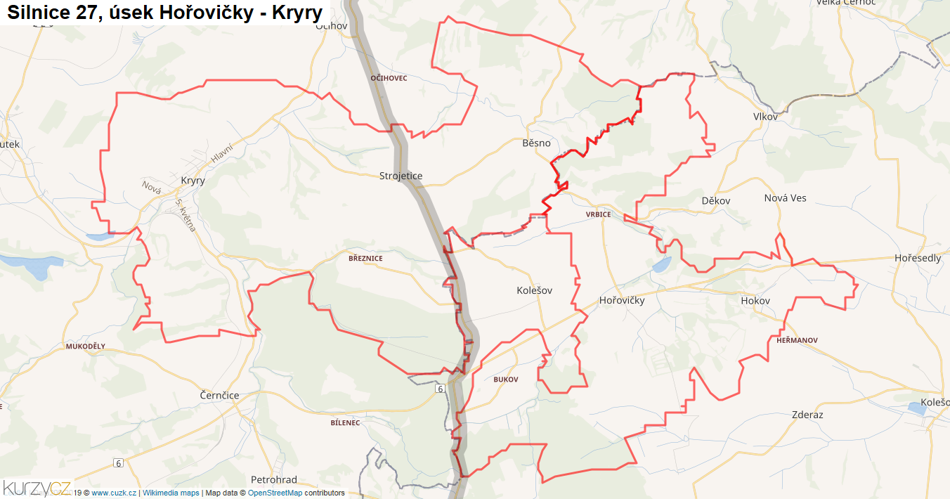 Úsek Hořovičky - Kryry, Silnice 27 - Mapa