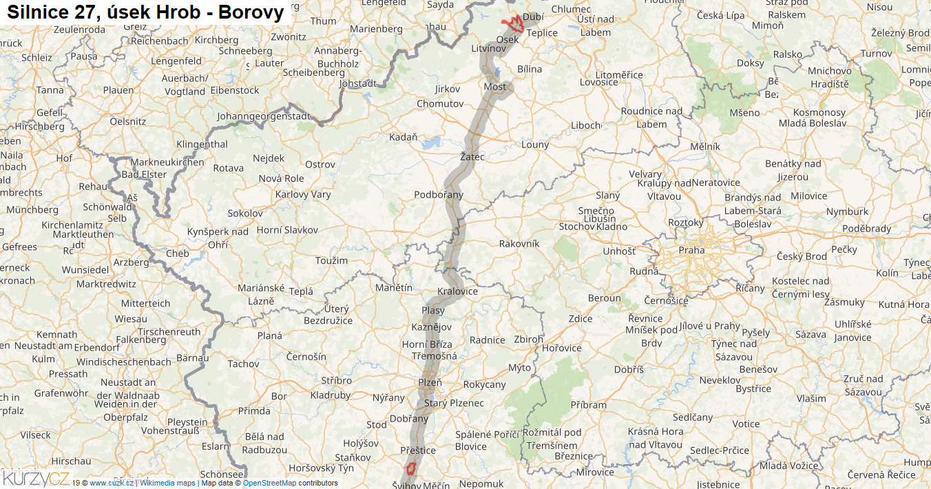 Úsek Hrob - Borovy, Silnice 27 - Mapa