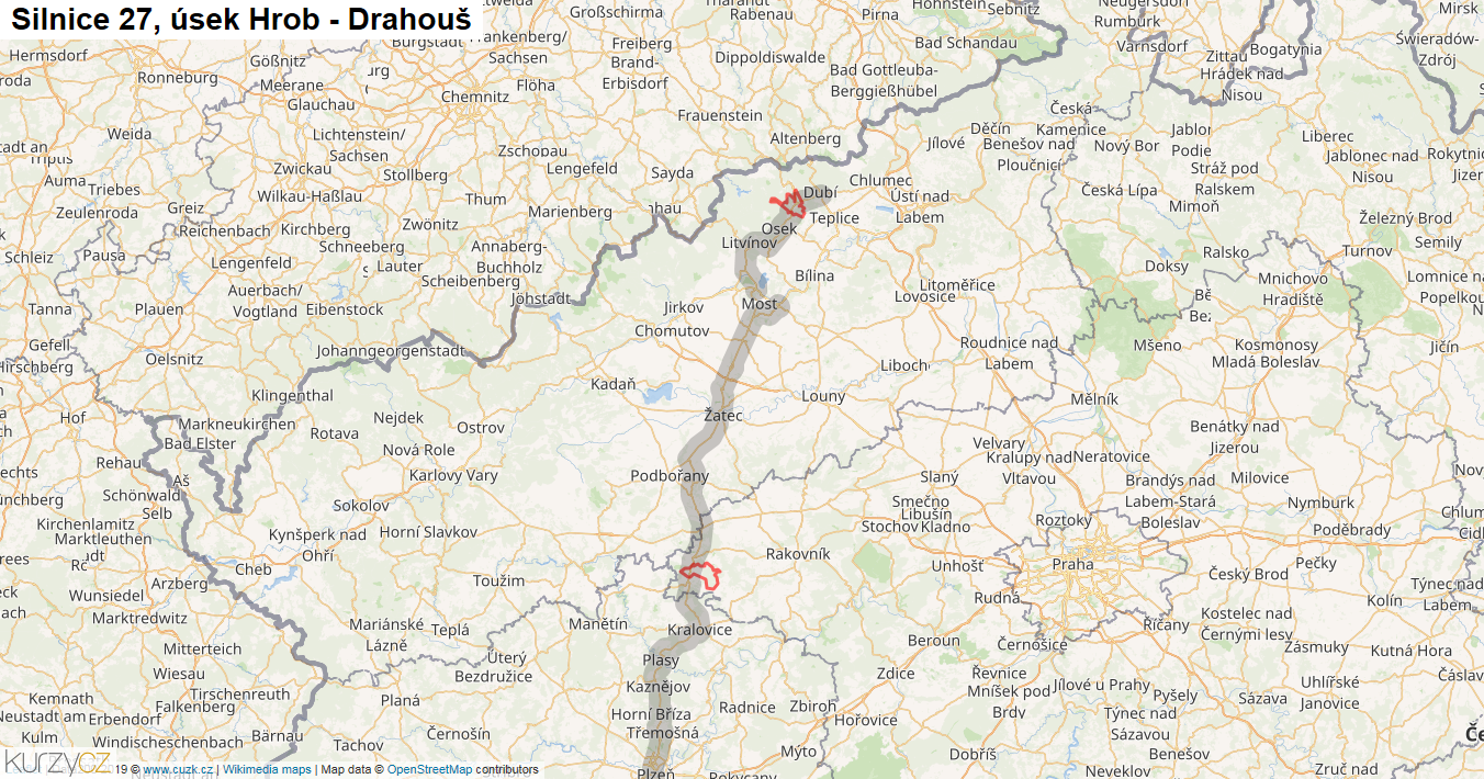 Úsek Hrob - Drahouš, Silnice 27 - Mapa