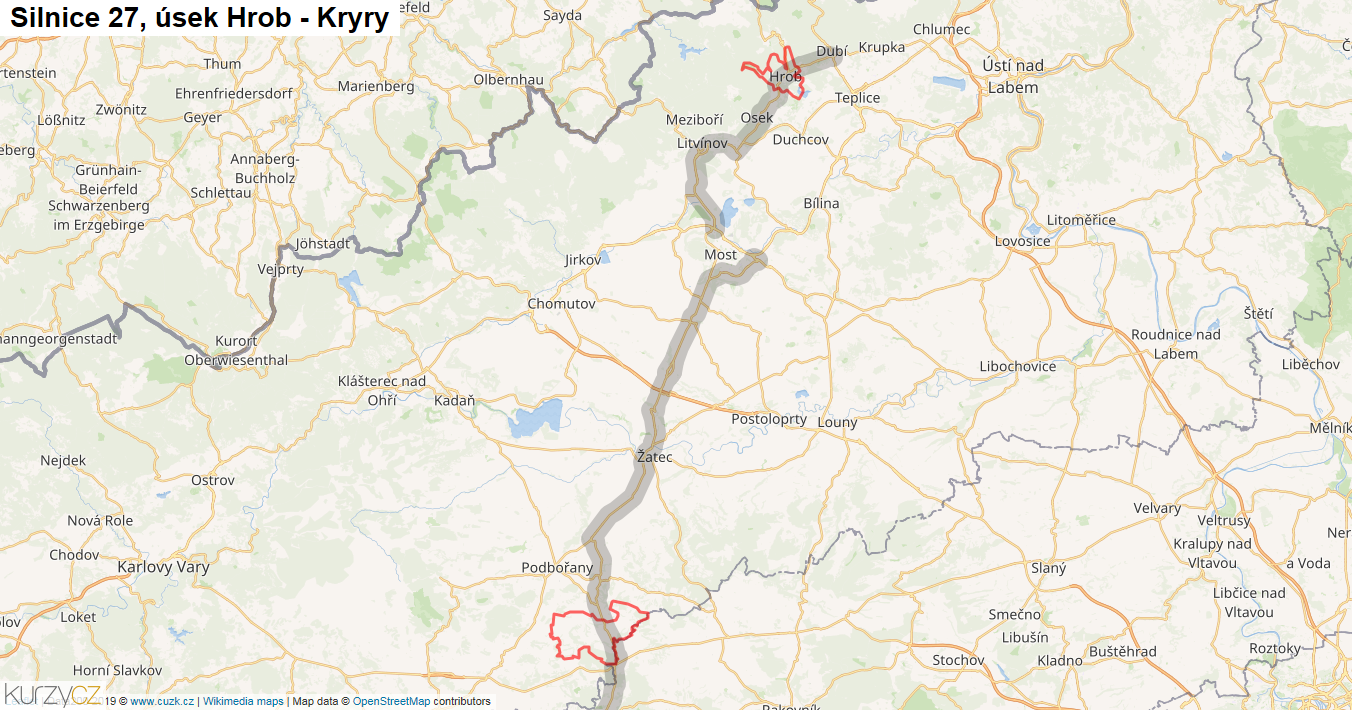 Úsek Hrob - Kryry, Silnice 27 - Mapa