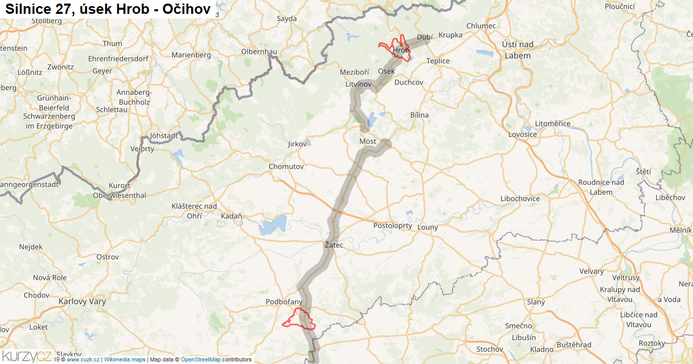 Úsek Hrob - Očihov, Silnice 27 - Mapa