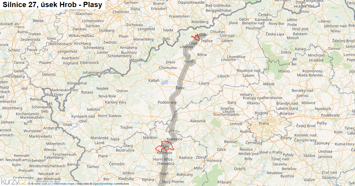 Úsek Hrob - Plasy, Silnice 27 - Mapa