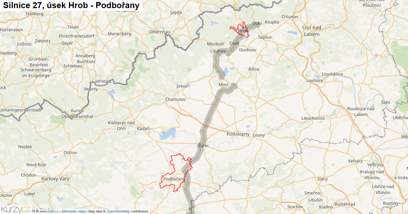 Úsek Hrob - Podbořany, Silnice 27 - Mapa