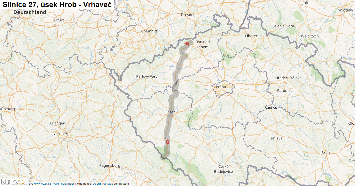 Úsek Hrob - Vrhaveč, Silnice 27 - Mapa