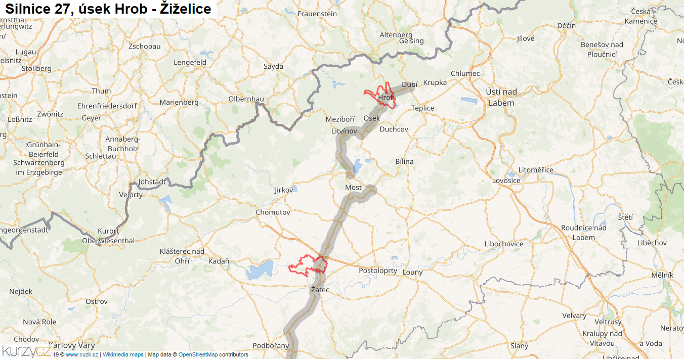 Úsek Hrob - Žiželice, Silnice 27 - Mapa