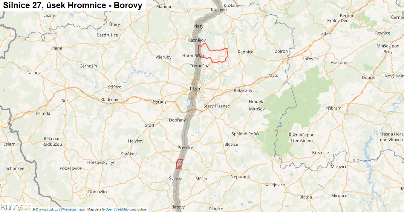 Úsek Hromnice - Borovy, Silnice 27 - Mapa