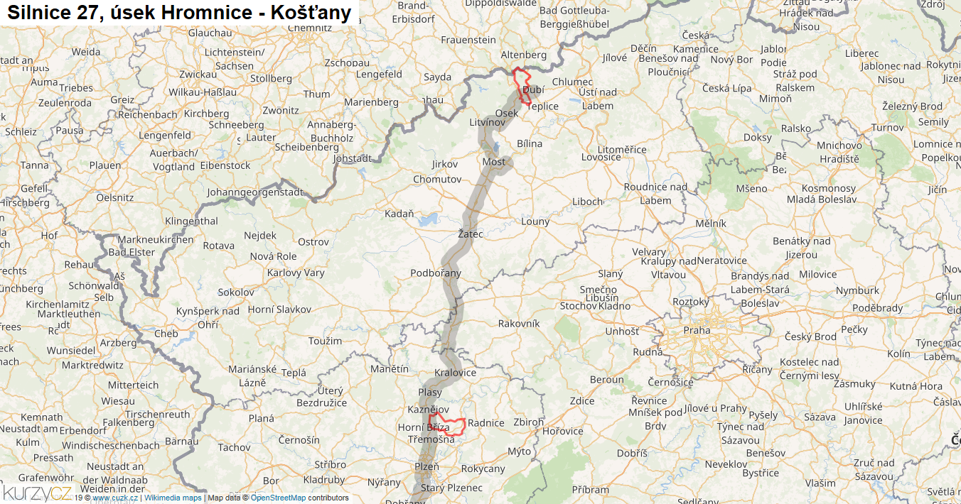 Úsek Hromnice - Košťany, Silnice 27 - Mapa