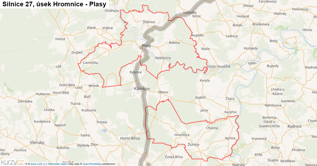 Úsek Hromnice - Plasy, Silnice 27 - Mapa