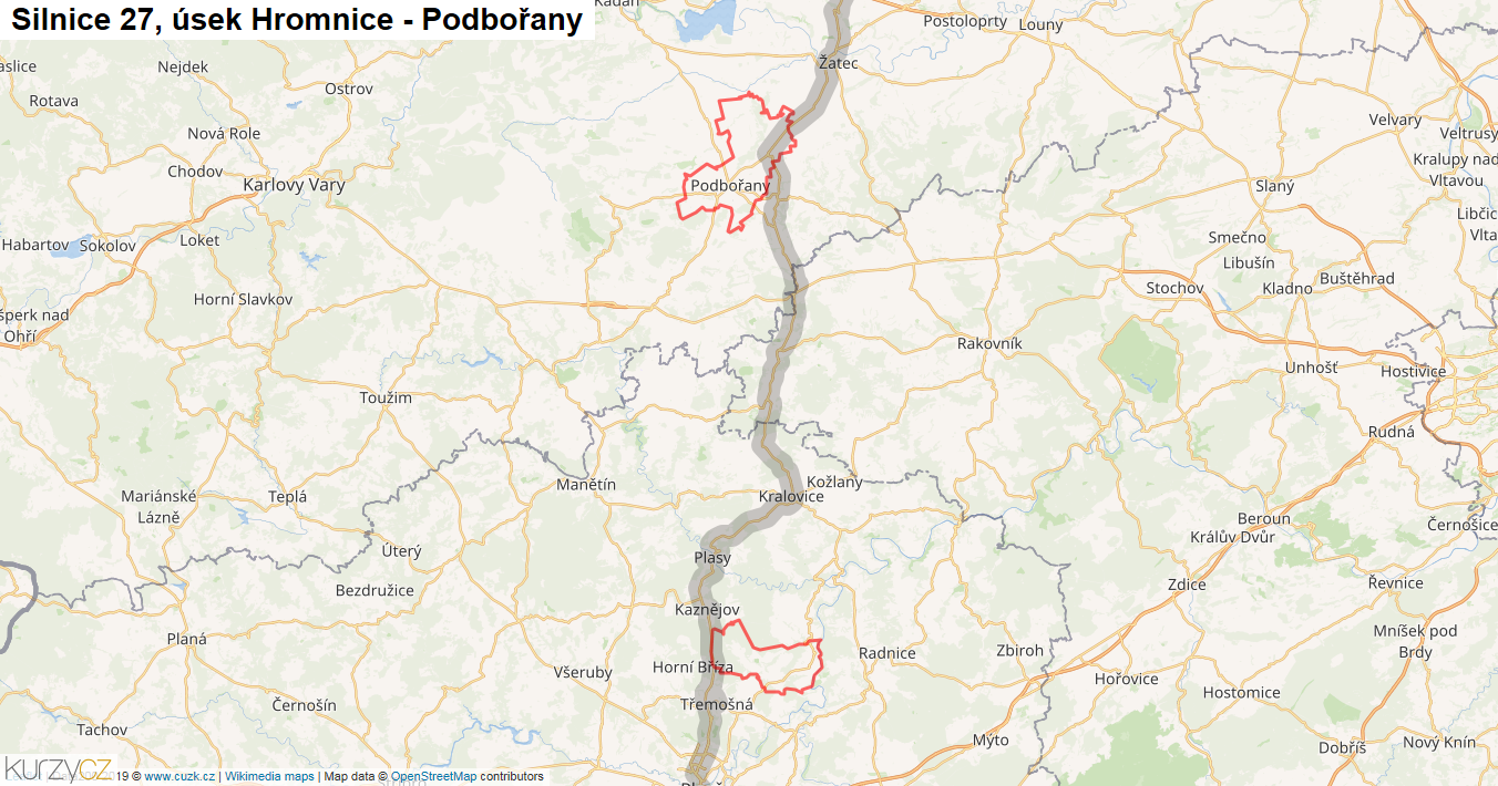 Úsek Hromnice - Podbořany, Silnice 27 - Mapa
