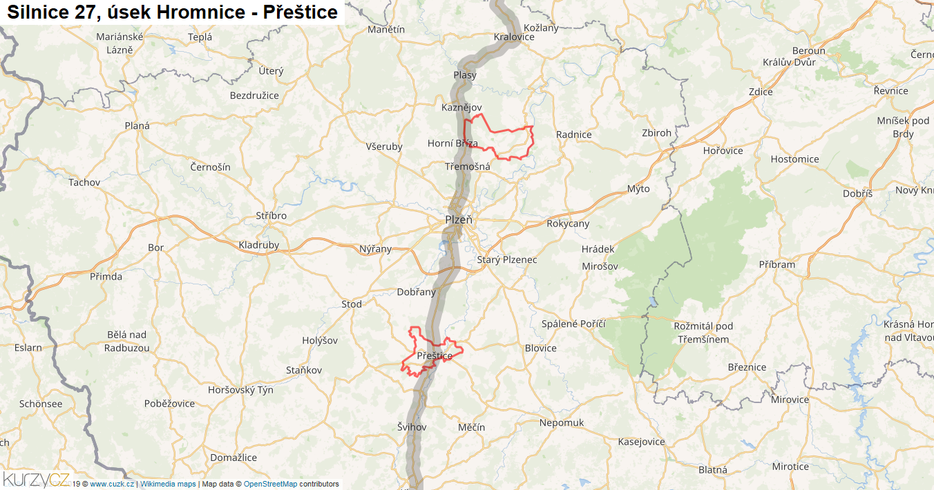 Úsek Hromnice - Přeštice, Silnice 27 - Mapa