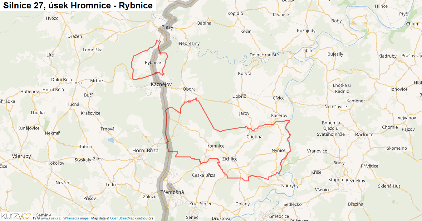 Úsek Hromnice - Rybnice, Silnice 27 - Mapa